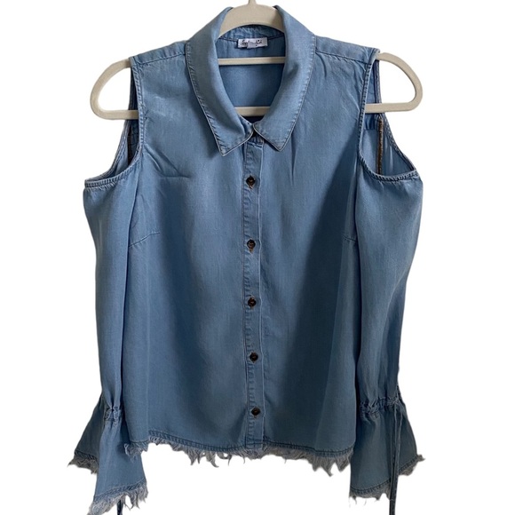 Splendid cold shoulders button down shirt blue chambray denim frayed edges M - Picture 9 of 14